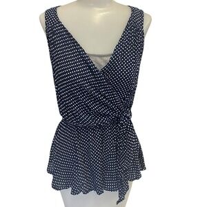 Sylvie & Madō Navy White Polka Dot Wrap Peplum Top Sleeveless Tie Waist Womens M